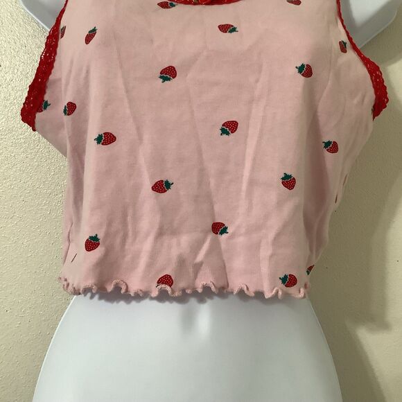 Pink Strawberry Coquette Fairy Feminine Lace Rosette Lettuce Hem Cropped Tank L - Picture 3 of 8